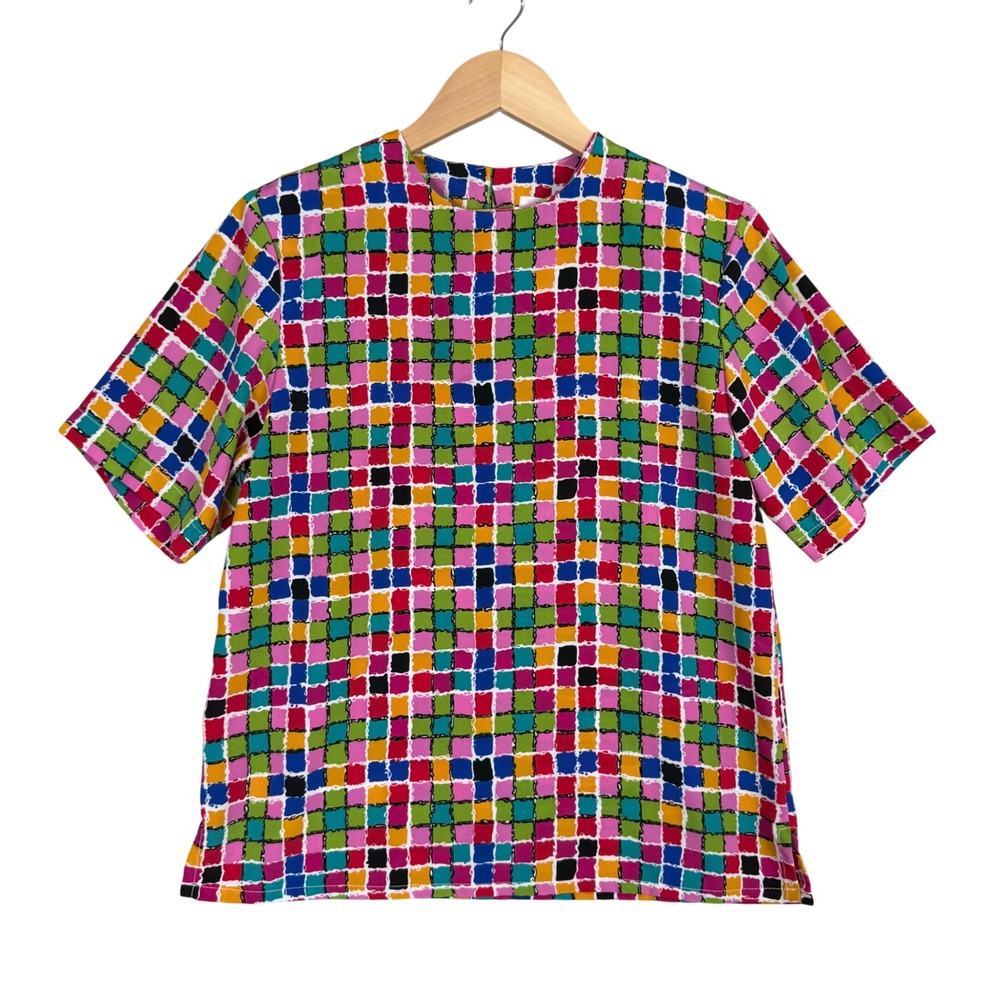 Jordan Vintage‎ 80s/90s Blouse Women Small Geometric Grid Shoulder Pads